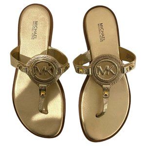 Michael Kors Aubrey Cutout Pale Gold Metallic Leather T-Strap Sandal Women's Sz7